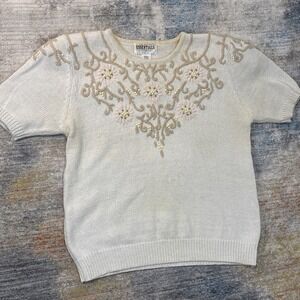 Vintage Cottagecore Knit‎ Sweater Small Grandma Core Coquette Floral Beaded